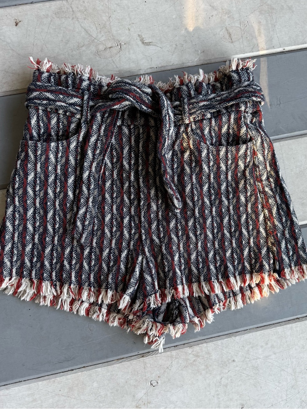 RO Paris Vanity High-Waisted Tweed Mini Shorts - Navy/Red Stripe - Size 42 (FR)